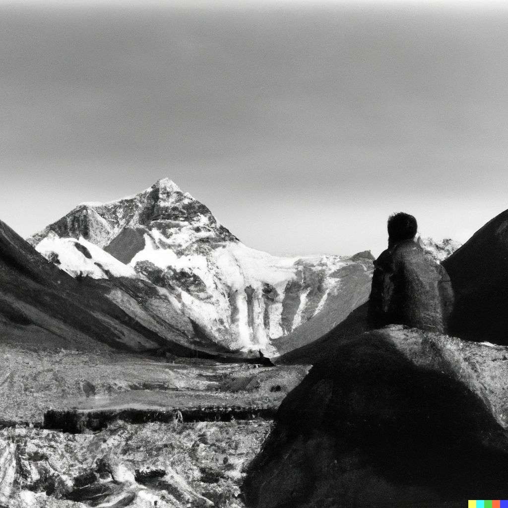someone gazing at Mount Everest, photograph taken on Ilford Delta 400 film